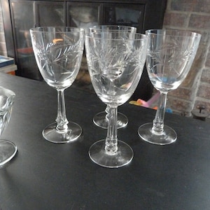 Crystal Glass Etched Wine Glasses - Set of 4, Wheat Leaf Etched Wine Stemware    #4306