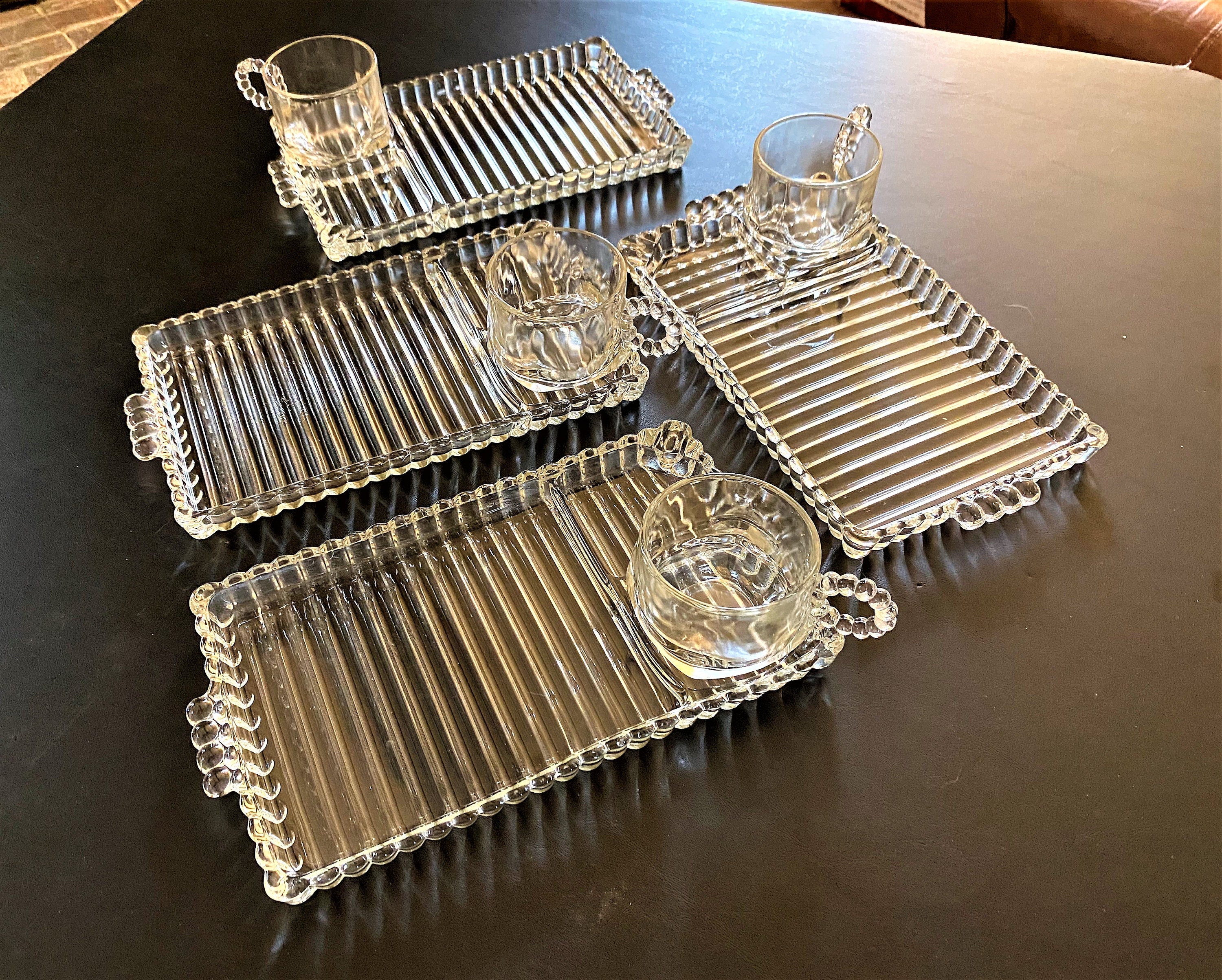Hazel Atlas Clear Glass Sip Snack Smoke Tray & Cup Bead & Ribbed Design  #1305