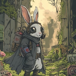 Print van verwilderde Fallout-konijnen – The Bunker Watcher – retro post-apocalyptische cartoonmuurkunst – digitale download dierenkunst