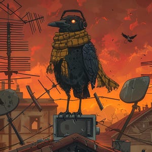Feral Fallout Crow-print – The Lone Broadcaster – retro post-apocalyptische cartoonmuurkunst – digitale download dierenillustratie