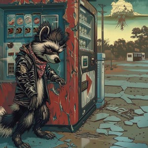 Feral Fallout Skunk Print – The Outlaw - retro post-apocalyptische cartoon muurkunst – digitale download, dierenillustratie halverwege de eeuw