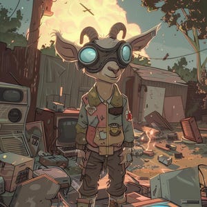 Feral Fallout Goat-print – The Scrapper – retro post-apocalyptische cartoonmuurkunst – digitale download, dierenillustratie uit het midden van de eeuw