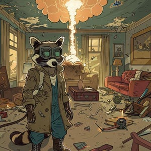 Feral Fallout Raccoon Print – Scavenger-retro post-apocalyptische cartoon muurkunst – Instant Download, digitale dierenillustratie halverwege de eeuw