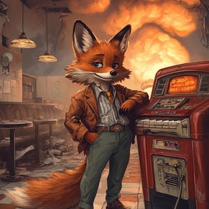 Feral Fallout Fox-print – The Smooth Operator – Retro post-apocalyptische cartoonmuurkunst – digitale download, dierenkunst uit het midden van de eeuw