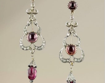 Victorian Natural RoseCut 2.86ct Diamond  /Sterling Silver 92.5% / Handmade Items  Chandelier Earrings/ Gemstone Ruby