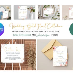 Invitation de mariage florale romantique | Modèle modifiable Canva | Kit aquarelle douce | RSVP, Menu, Plan de table | EN & FR