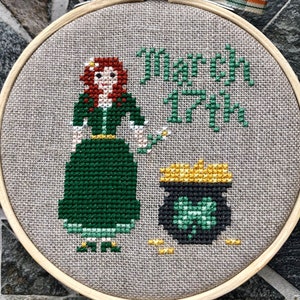 St. Patrick&#39;s Day Cross Stitch Pattern, Instant PDF Download - Miss March, Mini Maids #1