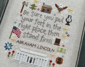 Patriotic American Cross Stitch - Stand Firm - A Tribute to President Abraham Lincoln - PDF Chart - US Flag, Quote, Lincoln Memorial