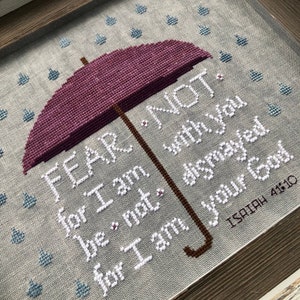 Christian Cross Stitch Pattern, Fear Not - Instant Download PDF - Bible verse, Isaiah 41:10, Purple Umbrella, Raindrops