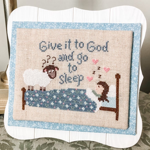 Christian Cross Stitch Pattern, Give it to God - Instant Download PDF - Featuring sleeping girl, bed, sheep, night, sleep, bedtime