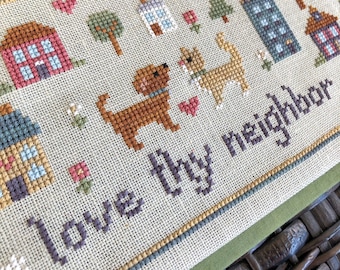 Love Thy Neighbor Cross Stitch Pattern - Instant Download PDF - Featuring a sweet dog and cat, cute houses, hearts, flowers, and Bible verse