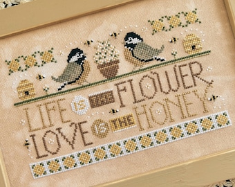 WordyBirds Series - May - Cross Stitch Pattern - Chickadees - Life is the Flower, Love is the Honey - PDF Chart