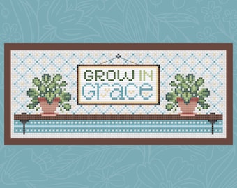 Christian Cross Stitch Pattern - Grow in Grace - 2 Peter 3:18 - Cute Plants and Cottagecore - Instant Download PDF