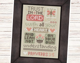 Christian Cross Stitch Pattern, Proverbs 3:5 - Trust in the Lord - Instant Download PDF - Second Sunday Scripture Stitches