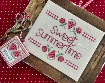 Summer Cross Stitch Pattern - Sweet Summertime - Watermelon and Roses - Instant Download PDF Chart - Includes Small Fob Design