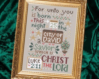 Christmas Cross Stitch Pattern, Luke 2:11 - Born This Night - Instant Download PDF Design Chart - Second Sunday Scripture Stitches