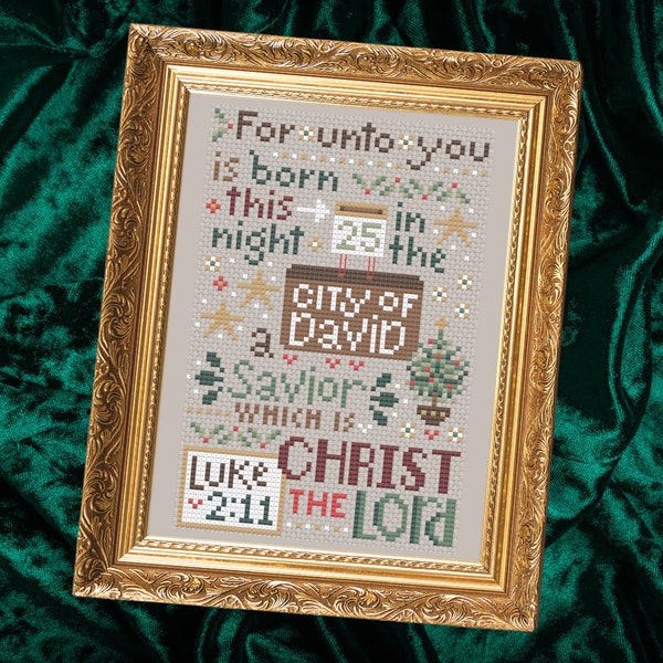 Christmas Cross Stitch Pattern, Luke 2:11 - Born This Night - Instant Download PDF Design Chart - Second Sunday Scripture Stitches