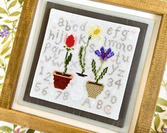 Cross Stitch Pattern, Spring Floral Sampler - Instant Download PDF Chart - Garden, flowers, tulip, iris, daffodil, alphabet, cottagecore