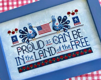 WordyBirds Series - July - Cross Stitch Pattern - Peacocks - Proud as Can Be in the Land of the Free - PDF Chart