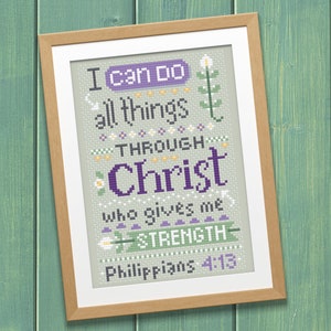 Christian Cross Stitch Pattern, Philippians 4:13 - All Things Through Christ - Instant Download PDF - Second Sunday Scripture Stitches