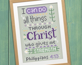 Christian Cross Stitch Pattern, Philippians 4:13 - All Things Through Christ - Instant Download PDF - Second Sunday Scripture Stitches
