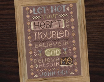 Christian Cross Stitch Pattern, John 14:2 - Let Not Your Heart Be Troubled - Instant Download PDF - Second Sunday Scripture Stitches