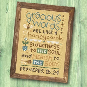 Christian Cross Stitch Pattern, Proverbs 16:24 - Gracious Words - Instant Download PDF - Second Sunday Scripture Stitches