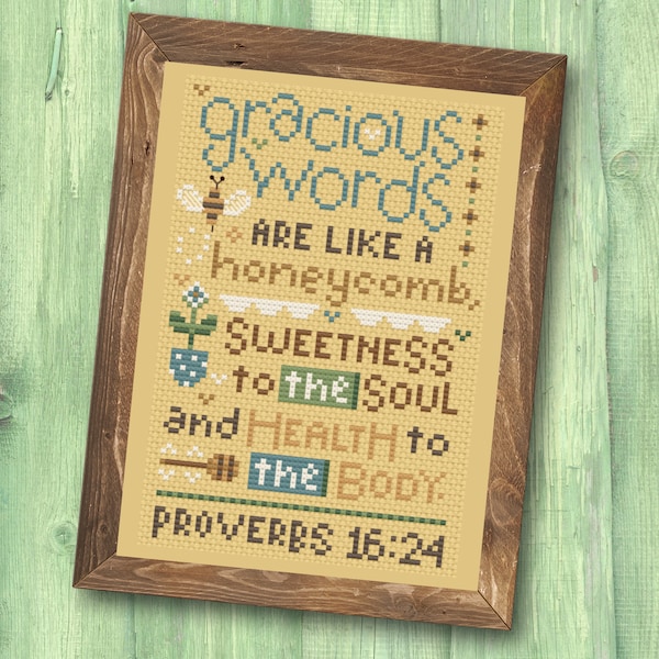 Christian Cross Stitch Pattern, Proverbs 16:24 - Gracious Words - Instant Download PDF - Second Sunday Scripture Stitches