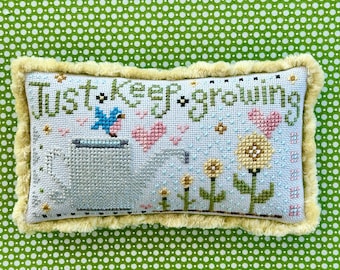 Cute Cross Stitch Pattern - Just Keep Growing - Instant Download PDF - Perfect for Spring & Summer - Bluebird, hearts, watering can, flowers