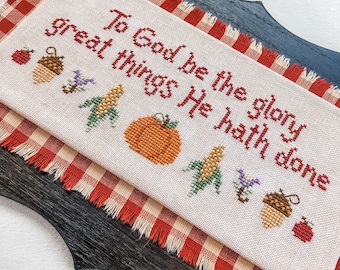 Christian Cross Stitch Pattern, Harvest Glory - Instant Download PDF - Perfect for Thanksgiving with corn, pumpkin, apples, acorns and hymn