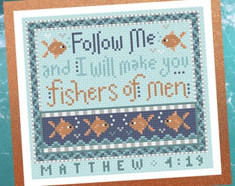 Christian Cross Stitch Pattern - Fishers of Men - Matthew 4:19 - Instant Download PDF - Songs and Scriptures Series - Bible Verse Design