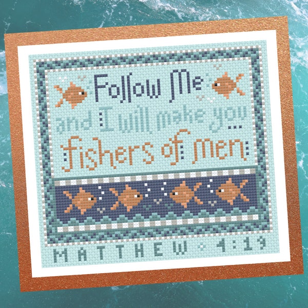 Christian Cross Stitch Pattern - Fishers of Men - Matthew 4:19 - Instant Download PDF - Songs and Scriptures Series - Bible Verse Design