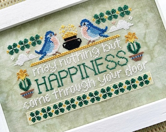 WordyBirds Series - March - Cross Stitch Pattern - Bluebirds - May Nothing But Happiness Come Through Your Door - PDF Chart