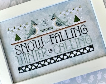 WordyBirds Series - January - Cross Stitch Pattern - Titmice - Snow Is Falling Winter Is Calling - PDF Chart