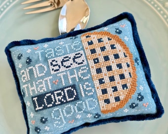 Christian Cross Stitch Pattern, Taste and See ~ Psalm 34:8 - Instant Download PDF ~ Blueberry Pie