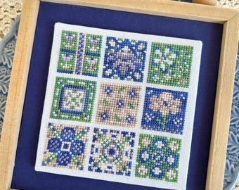 Cross Stitch Pattern, Moon Flower Patches - Instant Download PDF Chart - English Garden, floral, squares, cottagecore, blues and greens