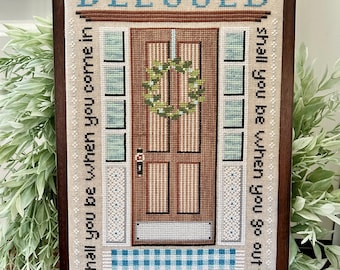 Christian Cross Stitch Pattern, In and Out - Instant Download PDF Chart - Blessed - Front door, home, wreath, gingham rug, Deuteronomy 28:6