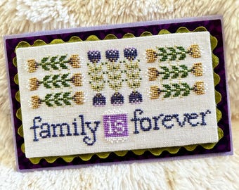 Cross Stitch Pattern, Family is Forever - Instant Download PDF Chart - Easy, Floral, Purple, Gold