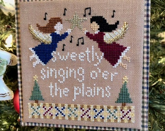 Christmas Cross Stitch Pattern - Sweetly Singing - Instant Download PDF - With two angels, music notes, trees, stars, carol lyrics, ornament