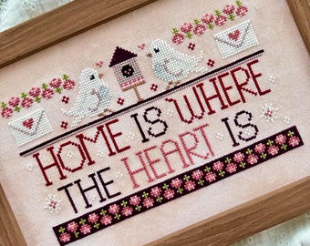 WordyBirds Series - February - Cross Stitch Pattern - Doves - Home Is Where The Heart Is - PDF Chart