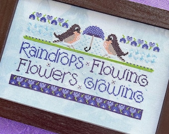 WordyBirds Series - April - Cross Stitch Pattern - Robins - Raindrops Flowing Flowers Growing - PDF Chart