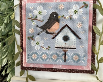 Cross Stitch Pattern, Feathered Friends: March - Instant Download PDF Chart - Robin, dogwood flowers, birdhouse, spring, pastel, simple