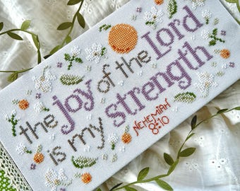 Christian Cross Stitch Pattern, Choose Joy - Instant Download PDF - The Joy of the Lord ~ Nehemiah - 8:10 - Orange Blossoms