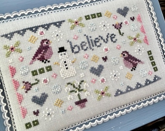 Cross Stitch Pattern - A Little Winter - Instant Download PDF - Birds, Snowflakes, Winter Motifs, Blue and Purple, Snowman - Believe