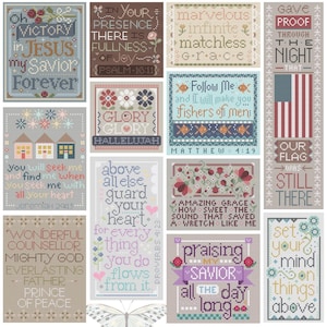 May include: A collection of 12 cross-stitch patterns featuring inspirational quotes and designs. The patterns include verses from the Bible, patriotic themes, and floral motifs. The patterns are printed on white paper with a light blue border.