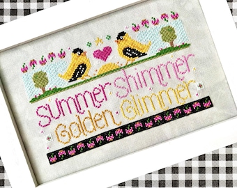 WordyBirds Series - August - Cross Stitch Pattern - Goldfinches - Summer Shimmer Golden Glimmer - PDF Chart