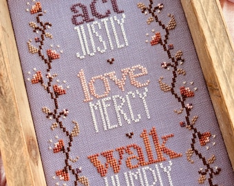 Scripture Cross Stitch Pattern - Micah 6:8 - Instant Downloadable PDF Chart - Act Justly, Love Mercy, Walk Humbly - Autumn Floral Design