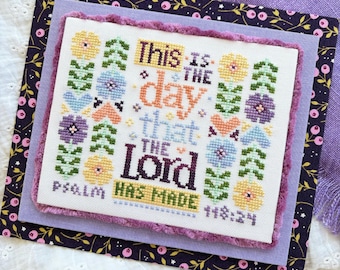 Christian Cross Stitch Pattern, This is the Day ~ Psalm 118:24 - Instant Download PDF - Retro Flowers