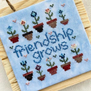 Kruissteekpatroon vriendschap, vriendschap groeit - Instant download pdf - schattige bloemen in potten - kleine en eenvoudige kaart - Bright and Happy