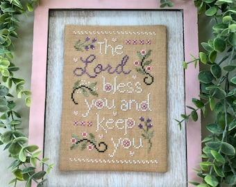 Bless and Keep - Scripture Cross Stitch Pattern - Instant Downloadable PDF Chart - The Lord Bless You and Keep You - Floral - Spring - Pink